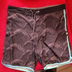 Hurley Men's Black and Teal Wave Pattern Board Shorts